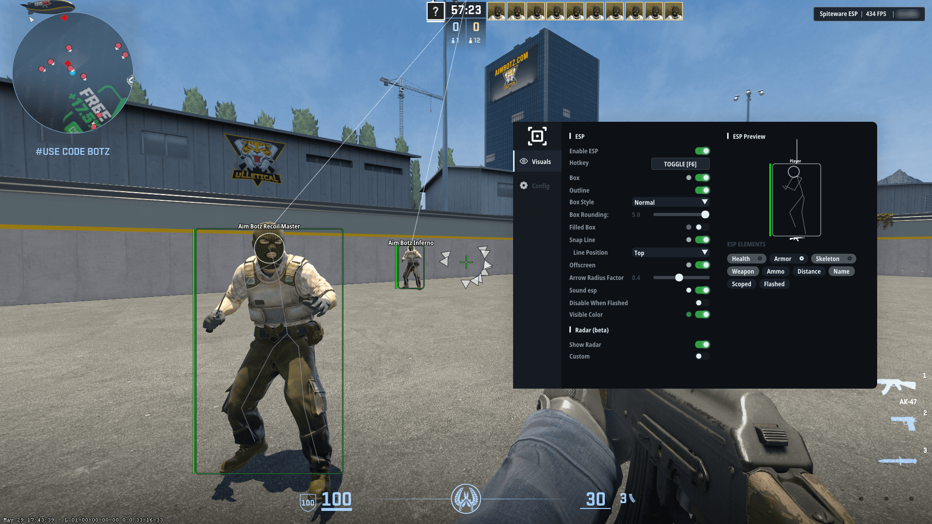 ESP interface over CS2 gameplay with player boxes.